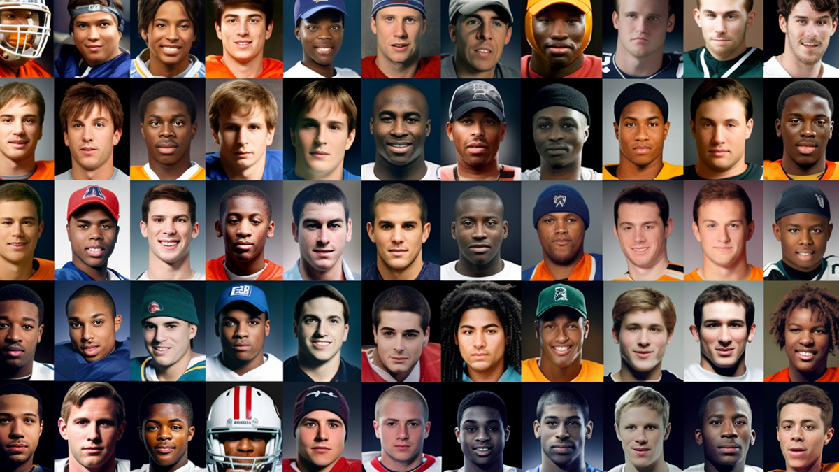 Rows of male college athlete faces