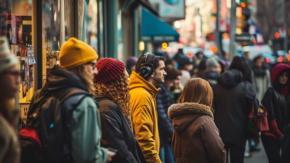 Group of people on a crowded city sidewalk with one man wearing large headphones.