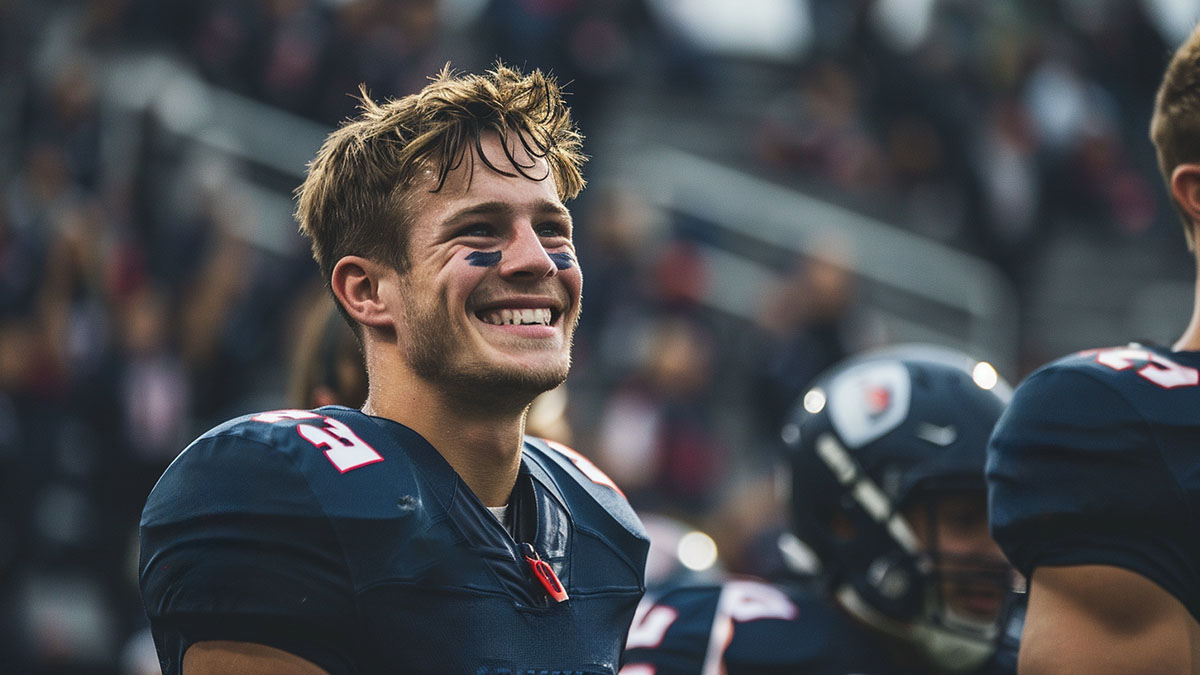 Male college athlete in football uniform with large smile and black marks under his eyes.