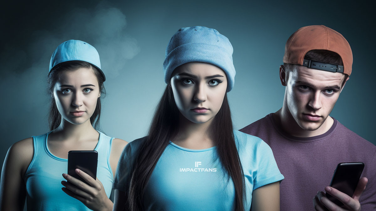 Two young adults holding cell phones and one looking forward.