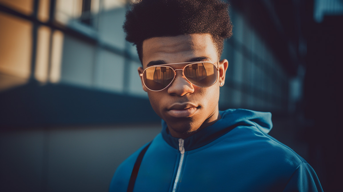 College-aged male with sunglasses and a sweatshirt looking forward.