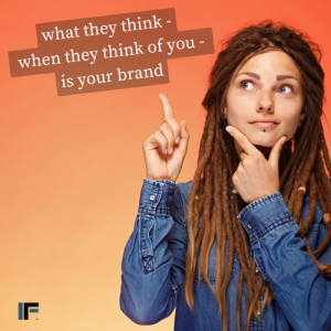 girl pointing to a quote - what they think when they think of you - is your brand