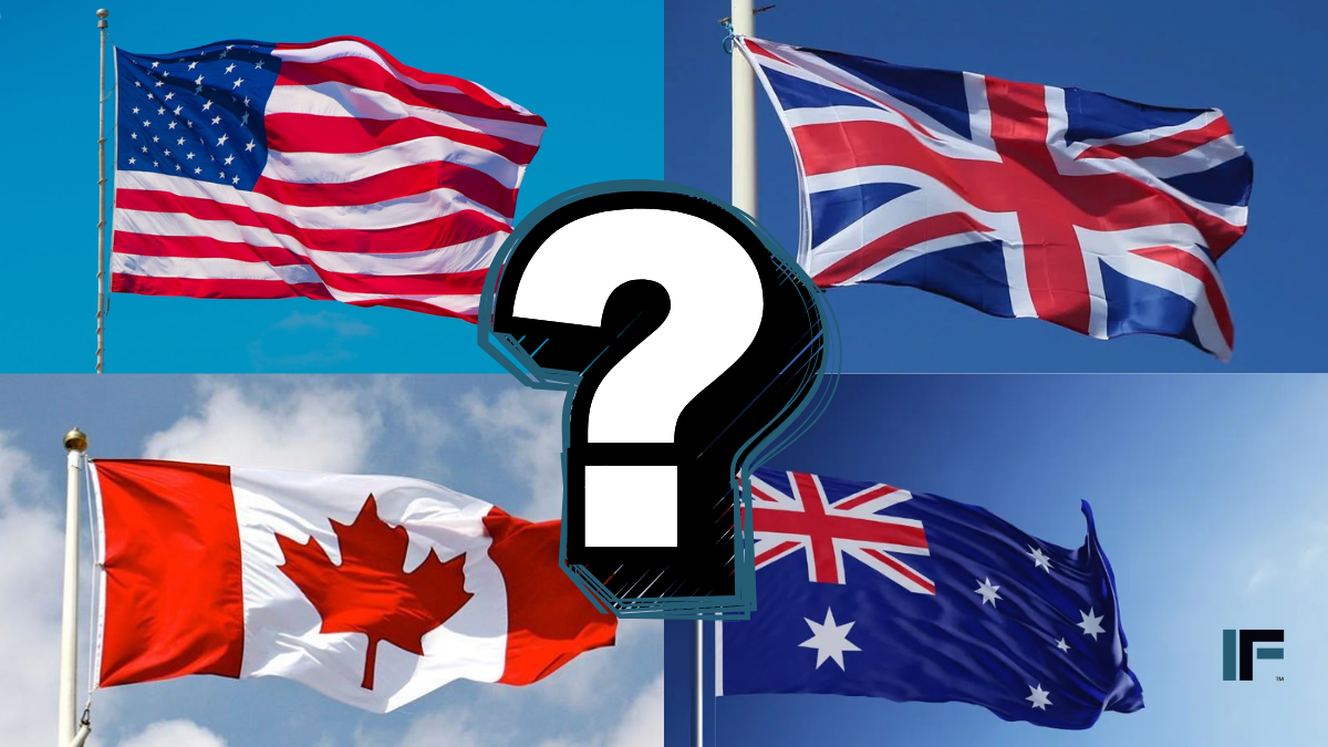 4 flags - USA, UK, Canada, and Australia with a giant ? in the middle