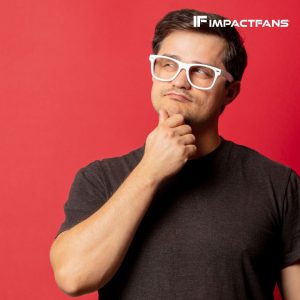 man thinking in front of red background